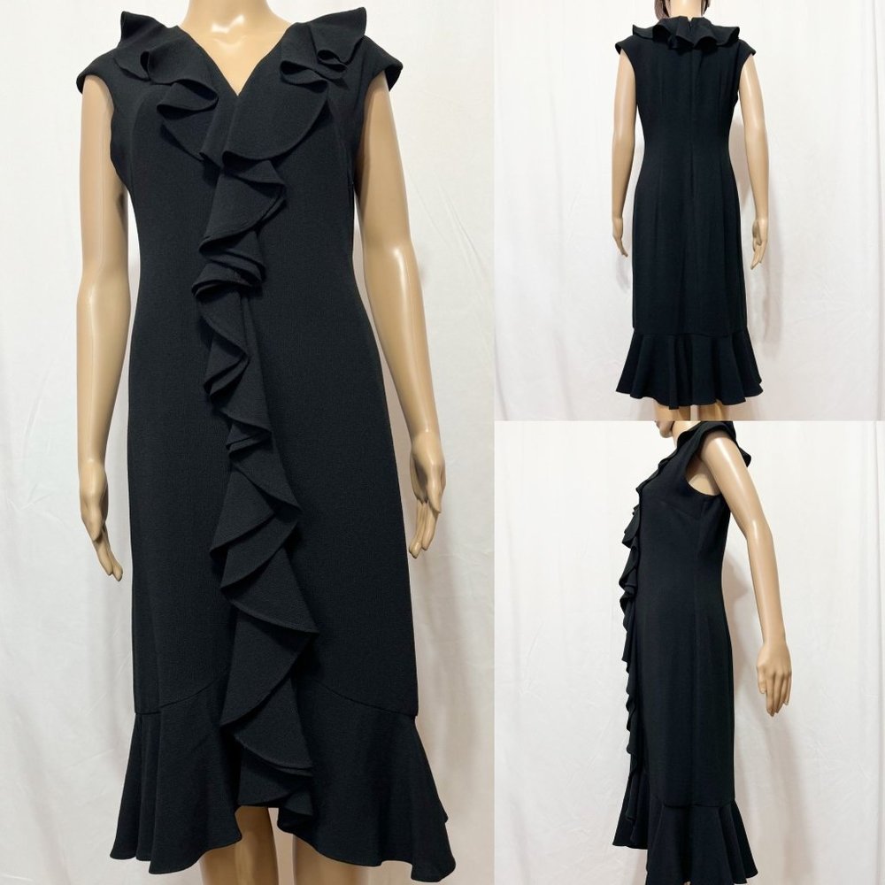 Maggy London NWOT Sz 4 Black Bubble Crepe Cascading Ruffle Dress